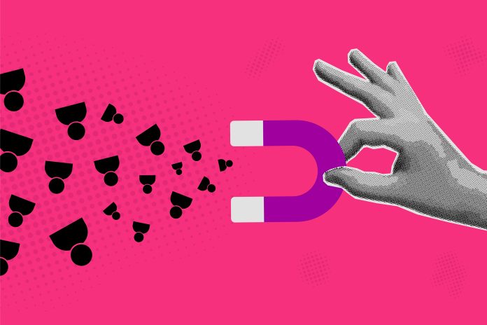 hand holding magnet attracting customers, halftone design, magazine grunge style