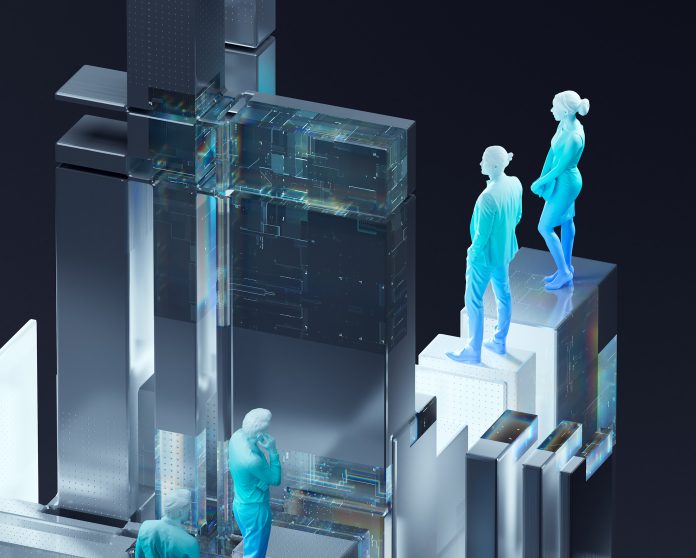 Business People Standing and Discussing in the Metaverse. Elevating Human Potential - The Future of AI Collaboration.