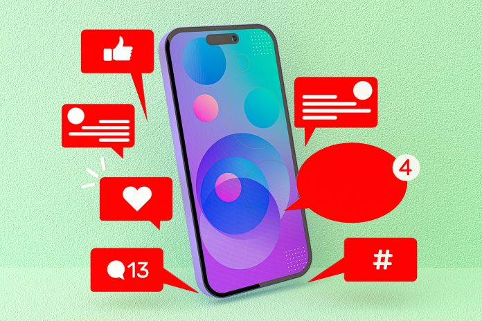 Social Media Smartphone Mockup with Notifications on Green Background